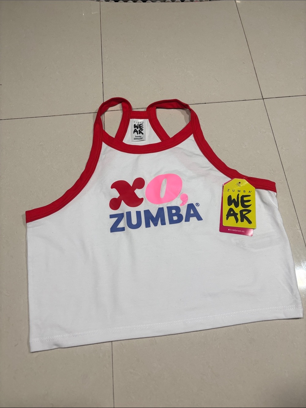 Zumba Fitness White Tank Top with Red Trim and Pink Graphic